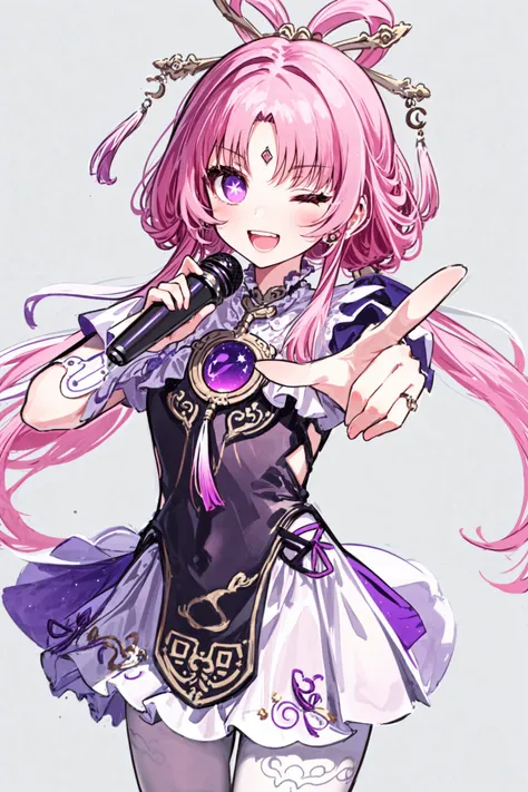 1girl, (masterpiece, top quality, best quality, official art, beautiful and aesthetic,:1.2), highres,
1girl, fuxuan, white pantyhose,
<lora:fuxuan-str-v4:0.8>
<lora:Hoshino Ai's Pose 2:0.2> ai's pose, 1girl, solo, smile, open mouth, one eye closed, star (symbol), symbol-shaped pupils, pointing, microphone, (simple background:1.2)