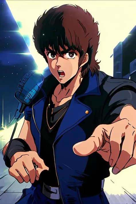 <lora:Hoshino Ai's Pose 2:0.9>, ai's pose, 1boy, solo, open mouth, pointing, microphone, closeup of a man with a serious expression, wearing a black jacket and black shirt, looking at something, at night,
HNKstyle, 80's anime, <lora:HNKstyle:1>