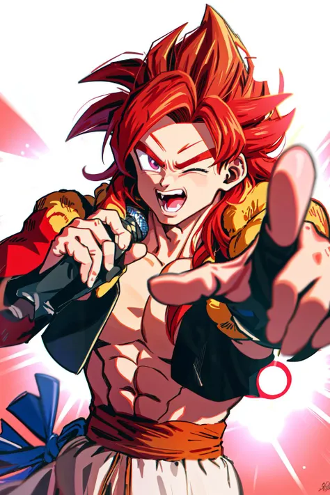 masterpiece, best quality, absurdres, ultra detailed, highly detailed, 8k, male, solo, boy, muscular, <lora:dbgt_gogeta:1>, Gogeta, Red hair, five fingers,  <lora:Hoshino Ai's Pose 2:1>, ai's pose,  smile, open mouth, one eye closed, star (symbol), pointing, microphone