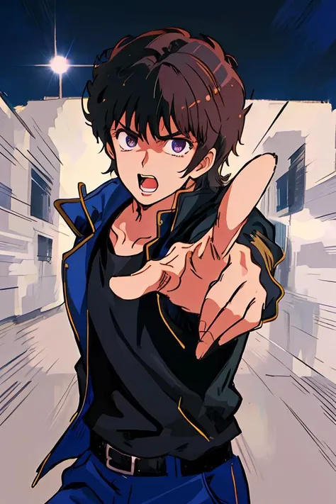 <lora:Hoshino Ai's Pose 2:0.9>, ai's pose, 1boy, solo, open mouth, pointing, microphone, closeup of a man with a serious expression, wearing a black jacket and black shirt, looking at something, at night,
HNKstyle, 80's anime, <lora:HNKstyle:0.8>