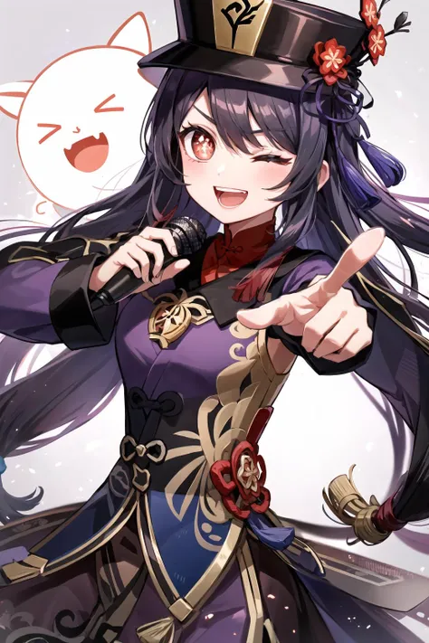 <lora:huTaoGenshinImpact_v12:0.5> hu tao(genshin impact), boo tao, symbol shaped pupils, (black hair), hat, <lora:Hoshino Ai's Pose 2:0.6>, ai's pose, 1girl, solo, smile, open mouth, one eye closed, pointing, microphone, (masterpiece, best quality:1), simple background,