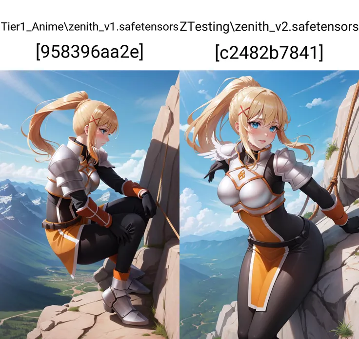qingS, 1girl, solo, (bodysuit:1.2), asymmetrical legwear, single mechanical arm, long_sleeves, cowl, gloves, headdress, armor, boots, brown hair, long hair, yellow eyes,looking at viewer, (naughty_face:1.1), standing, (full_body:1.2), outdoors, park, tree, flowers, blue_sky, day, dappled sunlight, (masterpiece,best quality,beautiful and aesthetic:1.2), anime coloring, <lora:qingS02-000003:0.65>