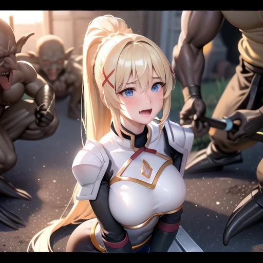 girl、17 years old、Paladin、White Armor、The armor is broken、Broken Armor、Pussy juice,Torn clothes,Blonde、Long Hair,Showing panties,Erect nipples,,No underwear,No bra、Black innerwear、Black tights、Defeated by a monster、They got me、