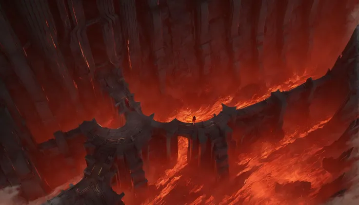 scene concept, lava field, 3d rendering, ultra-sharp detail, masterpiece, high quality, landscape, solo, standing, 1 other, very wide angle shot, wide angle shot, red theme, top view, lava, fire, abyss<lora:ç岩ä¹å°:1>