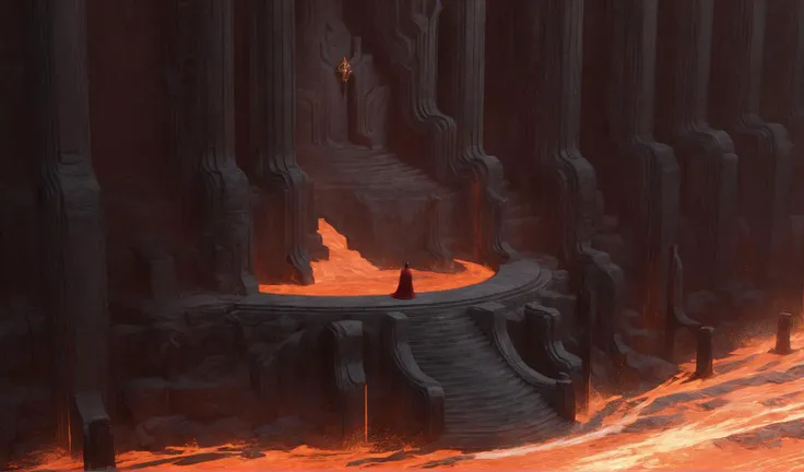 Scene concept, lava field, 3D rendering, ultra-clear details, masterpiece, high quality, scenery, solo, 1girl, pillar, wide shot, cloak, standing, stairs, sitting, 1other, from behind, throne, cape, long hair<lora:ç岩ä¹å°:0.8>