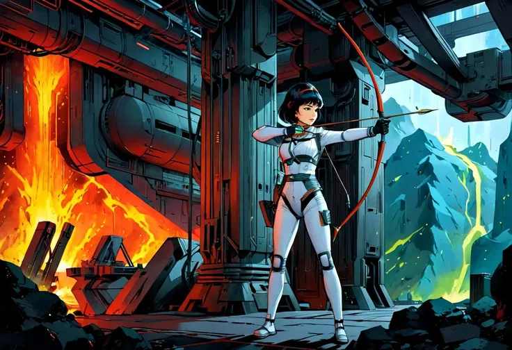 (best quality, masterpiece, absurdres, highres, ultra_detailed, dynamic angle:1.2), Yoko Tsuno <lora:yoko_tsuno-xl-v2-000014:0.7>, 1girl, inside a lava processing facility, on a catwalk, white bodysuit, black eyes, red hairband, partially fingerless gloves, bow \(weapon\), arrow \(projectile\), holding bow \(weapon\), aiming, holding arrow, drawing bow, archery, solo, alone, traditional media, 1990s \(style\), futuristic, sci-fi, retro artstyle, graphic novels illustration, (intricate details, hyperdetailed:1.15), (ultrahigh resolution textures), contrapposto, (volumetric, cinematic, (rim:1.2)) lighting, <lora:EnvyScifiStreamlineXL01:0.4>, <lora:lava_lands_xl:0.6>, <lora:archeress:0.8>