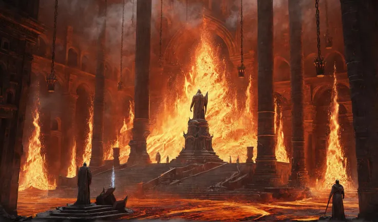 Scene concept, lava field, 3D rendering, super clear details, masterpiece, high quality, fire, landscape, chain, interior, statue, staircase, standing, from behind, pillars, buildings, ancient ruins, splattered magma<lora:ç岩ä¹å°:0.8>