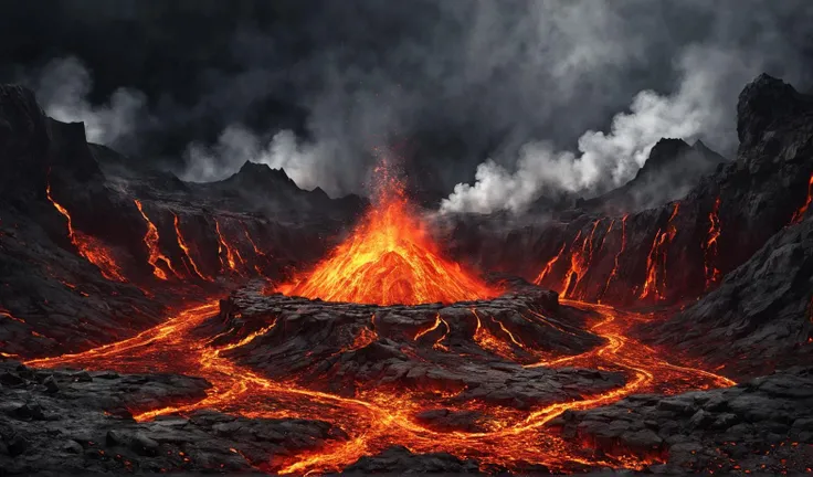 best quality,ultra-detailed,volcano eruption,lava flowing,glowing hot magma,smoking crater,dramatic landscape,dark ominous skies,fiery red and orange colors,thick billowing smoke,molten rock,destruction and chaos,scorching heat,crumbling mountains,ash and debris,cracks in the earth's surface,distant erupting volcanoes,steaming vents,treacherous terrain,intense heat waves,scared and fleeing animals,isolated villages in danger,heroic attempts to save lives,evocative and powerful,apocalyptic scene