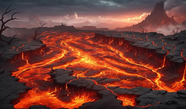 scene concept, lava field, 3d rendering, realistic style, ultra-clear detail, masterpiece, high quality, lava, solo, landscape, dead tree, outdoor, cliff, clouds, fire, science fiction, sky, pit, top view<lora:ç岩ä¹å°:0.8>