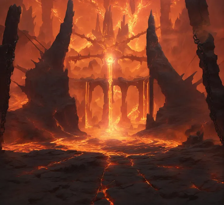 scene concept, lava field, 3d rendering, realistic style, ultra-clear details, masterpiece, high quality, lava, solo, landscape, outdoor, cliff, clouds, fire, science fiction, top view, magic circle, glowing stone, magic circle, building, bridge, iron chain,<lora:ç岩ä¹å°:1>