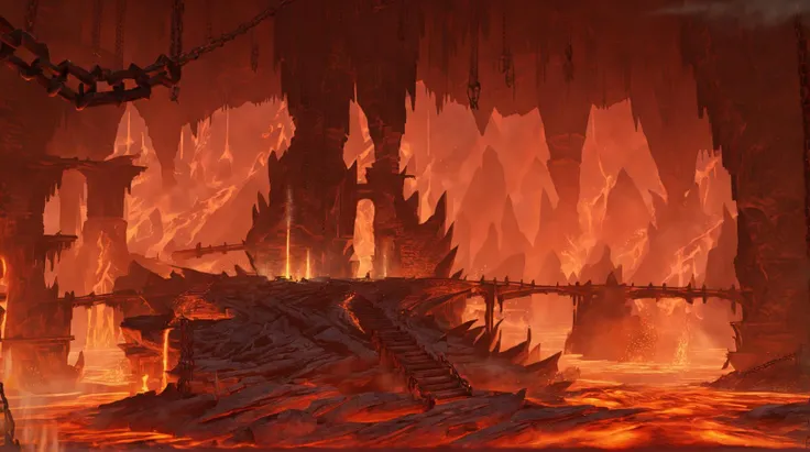 Scene Concept, Lava Field, 3D Rendering, Ultra Clear Details, Masterpiece, High Quality, Lava, Landscape, Chain, Fire, Ruins, Bridge, Solo, Red Theme, Fantasy, Cave Interior<lora:ç岩ä¹å°:1>