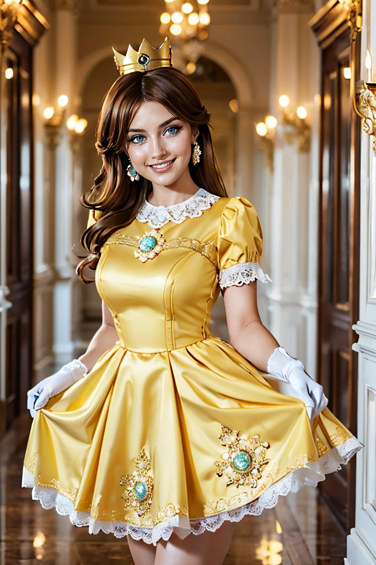 (ojigi,curtsey:1.3) <lora:ojigi:.8>
princess daisy, blue eyes, brown hair, gold crown, yellow dress, skirt, white gloves, looking at viewer, smiling, teeth, inside palace, hallway, warm ambiance, high quality, masterpiece, <lora:daisy1:.8>