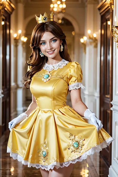 (ojigi,curtsey:1.3) <lora:ojigi:.8>
princess daisy, blue eyes, brown hair, gold crown, yellow dress, skirt, white gloves, looking at viewer, smiling, teeth, inside palace, hallway, warm ambiance,  high quality, masterpiece, <lora:daisy1:.8>