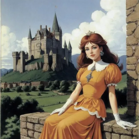 painting, gloves, orange dress, sitting on the wall, old medieval castle in the background, dnd, old fantasy, perfect eyes, (by Larry Elmore:1.2), <lora:daisy1:1>