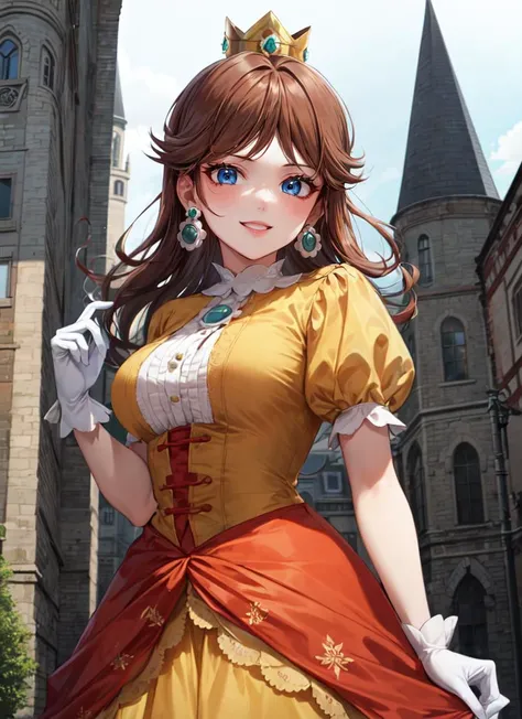 ((best quality)), ((highly detailed)), masterpiece, absurdres, detailed face, beautiful face, (detailed eyes, deep eyes), <lora:more_details:.3>, (1girl), cowboy shot, <lora:daisy1:1>, princess daisy, brown hair, medium hair, blue eyes, crown, earrings, medium breasts, smiling, (yellow dress), white gloves , (in a castle, noon)