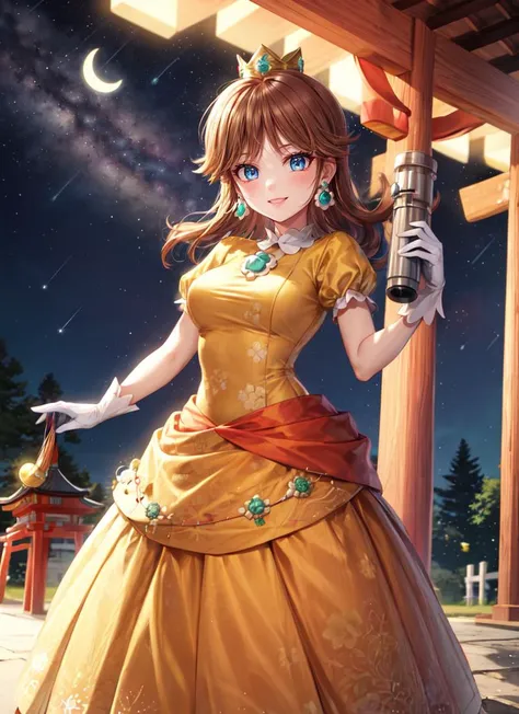 ((best quality)), ((highly detailed)), masterpiece, absurdres, (detailed eyes, deep eyes), <lora:more_details:.3>, (1girl), dynamic pose, full body, <lora:hairdetailer:.7>, <lora:daisy1:1>, princess daisy, brown hair, medium hair, blue eyes, crown, earrings, medium breasts, smiling, (yellow dress), white gloves , (at a shrine, torii, stone lanterns, night, night sky, stars, half moon, shooting star, telescope)