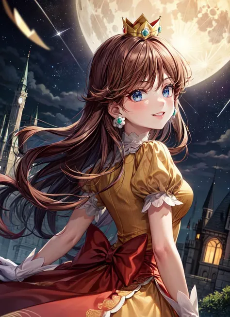 ((best quality)), ((highly detailed)), masterpiece, absurdres, (detailed eyes, deep eyes), <lora:more_details:.7>, (1girl), upper body, <lora:daisy1:1>, princess daisy, brown hair, medium hair, blue eyes, crown, earrings, medium breasts, smiling, (yellow dress), white gloves , (at a castle, evening, night sky, stars, full moon, shooting star)