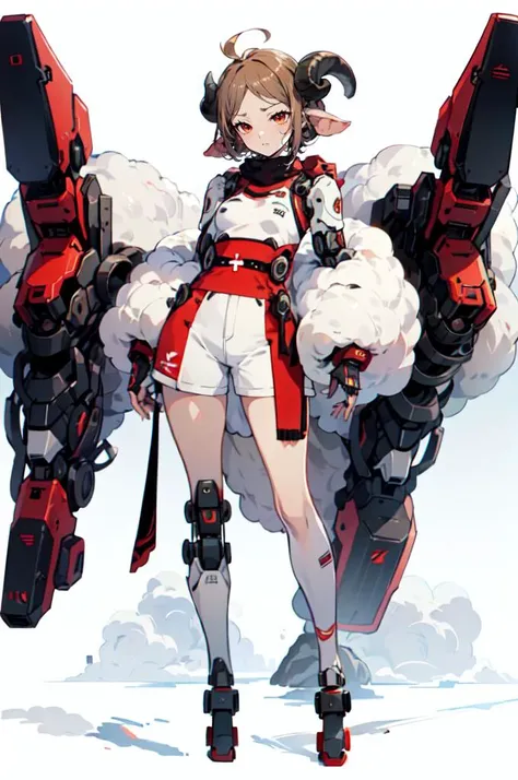 <lora:v1.0sheep ears_20230719133650-000026:0.65> (sheep ear: 1.2), (Mecha: 1.5), machine, (sheep horn: 1.1), (sheep tail: 1.3), downy, Mechanical leg, (Colored line: 1.2),, ultra detailed, masterpiece, best quality, aesthetic, detailed,, solo, frown,
1girl, red eyes, <lora:Tsurime3:1>, (tsurime:1.2), (brown hair:1.3), medium hair, (asymmetrical bangs, swept bangs, cowlick:1.35), flipped hair, <lora:foldedponytail:0.8> foldedponytail, folded ponytail, (small breasts:1.3),, fingerless gloves, shimenawa hair tie, sleeveless turtleneck, crop top, groin, (shimenawa:1.3), (shimenawa sash:1.3), (overskirt:1.2), shorts, flats, bandages, bandaged arm, bare legs, navel,