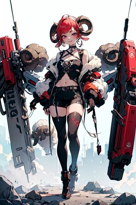 neat face, cyberpunk, armor in the style of Horizon Zero Dawn, Red-haired girl, neat green eyes, pigtails, a wreath of fiery horns on her head, barbarian, a huge techno cannon in her hands, a huntress, bones on the body, insect plates, chitin, fur, small bones, light bones and red fur on the shoulders, dark leather stockings made of strips of cut skin on the legs, ropes and light bones on the body, thin panties, a small bra made of bones, bright red hair, jewelry made of horns, a fur gun. Instead of underpants, rope, bones and chitin, fur shoulder pads and with chitin, a tail of hair on the back of the head, a short haircut, a bionic cannon in the form of the mouth of a wolf, shark, dragon look up. The girl has green eyes, a playful look, a good-natured smile, a neat nose, tight panties, tight thongs, mini-underwear, leaky underwear, torn fabrics, a lot of torn fabrics, a lot of holes in fabrics, a cannon with a monster's head, a cannon barrel in the form of a monster, a flame bursts out of her mouth, a portal in a cannon. The girl has short hair, a ponytail at the back is short and looks up, fur shoulder pads, a jacket on the shoulders, a torn bra, the pubis is open, diagonal straps all over the body, powerful energy escapes from the open toothy mouth of a cannon, a bird's skull on a girl's belly, tattoos, vertebrae on the edges of stockings, cyberpunk, ethnic style of clothing, vintage clothes, worn, prehistoric style, prehistoric jacket, elbow pads made of insects, chitinous cannon, bionic cannon, torn jacket sleeves, chitinous plates on the jacket, flame flashes, cyberpunk, the whole cyberpunk style, a lot of technology, technologies of the future, futurism, science fiction, fantasy, wildness, sexuality, emphasized eroticism, cold lighting, flames from everywhere, a lot of fire, bones on the shoulders, small details on the shoulders, a skull on the belt, the girl has curly hair, tattoos on her face, maximum nudity, diagonals, caveman, prehistoric image,