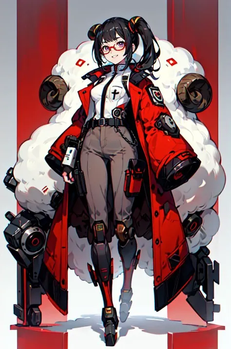 <lora:v1.0sheep ears_20230719133650-000026:0.65> (sheep ear: 1.2), (Mecha: 1.5), machine, (sheep horn: 1.1), (sheep tail: 1.3), downy, Mechanical leg, (Colored line: 1.2), (black hair, side ponytail, red-framed eyewear:1.3),, ultra detailed, masterpiece, best quality, aesthetic, detailed,, solo, smug smile, 1girl, purple eyes, red-framed eyewear, (black hair, red colored tips:1.2), red streaked hair, very long hair, side ponytail, tied hair, medium breasts,, <lora:StS-Coat-and-Jacket-On-Shoulders-Iteration2:0.7> dataset, jacket on shoulders, coat on shoulders, red dress, sleeves rolled up, fingerless gloves, holster, belt, multiple belts, combat boots, bulletproof vest, pants, black coat, tactical clothes,