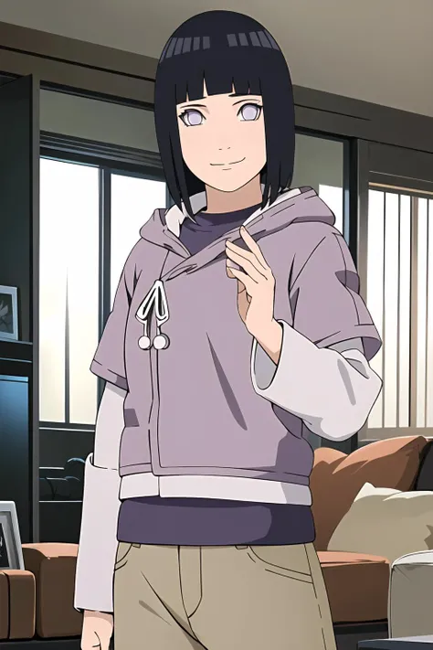 masterpiece, best quality, facing viewer, looking at viewer, <lora:KM_NarutoS-V2:0.7>, 1girl, solo, indoors, living room, standing, seductive smile, <lora:Hinata[boruto]V2:0.7>, hinata\(boruto\), purple hoodie,layered sleeves, brown pants