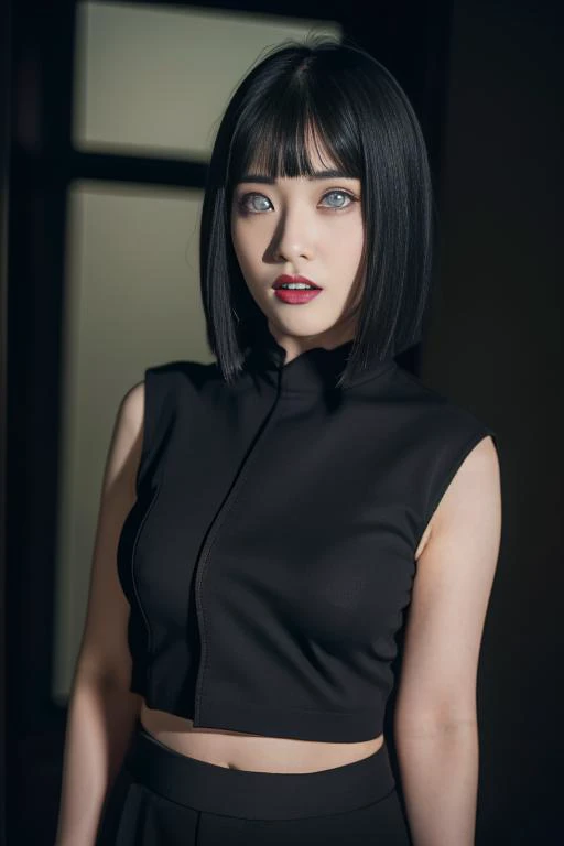 (best quality), (extreme detailed), (master piece),  8k, portrait photo, hinata\(boruto\), 1girl, make up, red lips, rosy cheeks, big breases, (akatsuki outfit), dynamic pose, (sexy), fit body, in door, modern studio, rim lighting, looking to viewer, sexy face, female focus, (dark theme:1.4),  <lora:Hinata[boruto]V2:0.7>