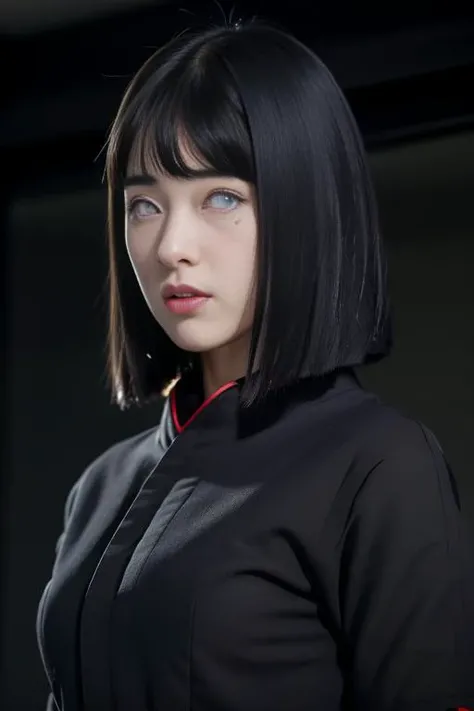(best quality), (extreme detailed), (master piece),  8k, portrait photo, hinata\(boruto\), 1girl, make up, red lips, rosy cheeks, big breases, (akatsuki outfit), dynamic pose, (sexy), fit body, in door, modern studio, rim lighting, looking to viewer, sexy face, female focus, (dark theme:1.4),  <lora:Hinata[boruto]V2:0.7>