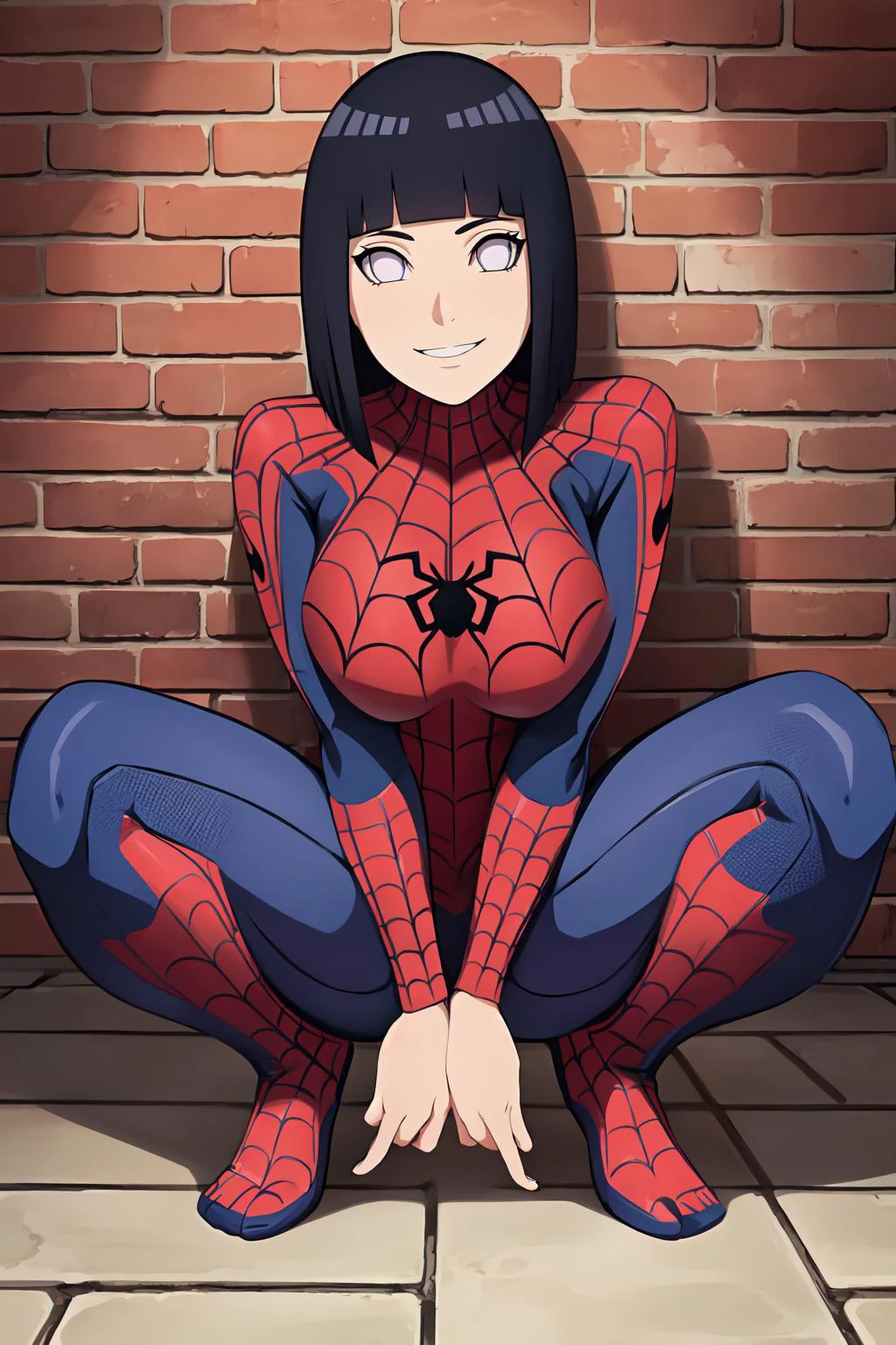masterpiece,best quality,super detailed,ultra detailed,extreme detailed,extremely detailed,ultimate detailed,hyper detailed,official art, 1girl,hinata\(boruto\), large breasts, looking at viewer, ,happy smile ,(spider man suit ), looking at viewer,squatting,Arms crossedбCamera Angle from above,((brick wall:1)) , <lora:last:0.7>