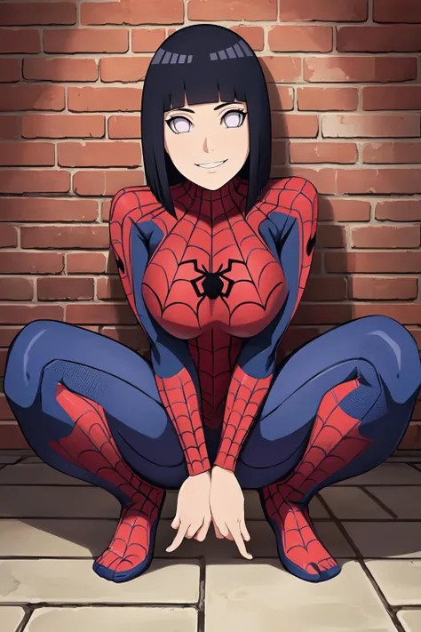 masterpiece,best quality,super detailed,ultra detailed,extreme detailed,extremely detailed,ultimate detailed,hyper detailed,official art, 1girl,hinata\(boruto\), large breasts, looking at viewer, ,happy smile ,(spider man suit ), looking at viewer,squatting,Arms crossedÐ±Camera Angle from above,((brick wall:1)) , <lora:last:0.7>