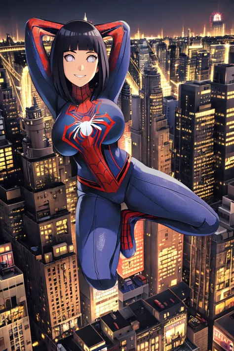 masterpiece,best quality,super detailed,ultra detailed,extreme detailed,extremely detailed,ultimate detailed,hyper detailed,official art, 1girl,hinata, large breasts, looking at viewer, ,happy smile ,looking at viewer,((spider man suit)) ,(((city new york))),jump,Camera Angle from above ,<lora:last:0.7>