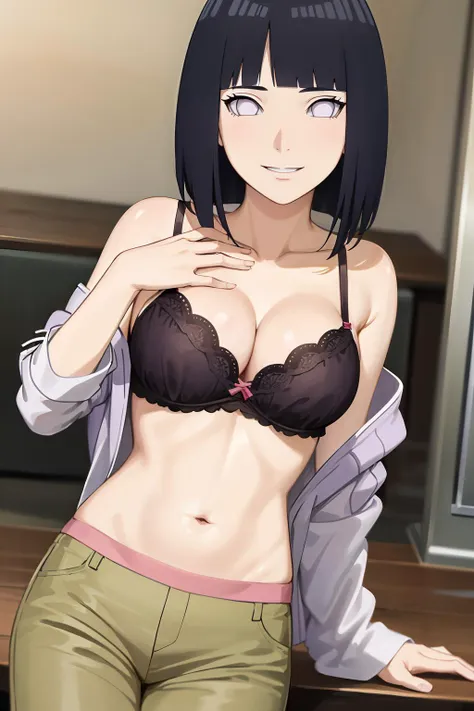 masterpiece, absurdres,hinata\(boruto\), 1girl,mature female, solo,smile, purple hoodie, off shoulder,cleavage, medium breasts,brown pants, bra, sweat, hand on own chest