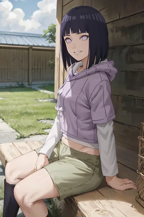 masterpiece, absurdres,hinata\(boruto\), 1girl,mature female, solo, purple hoodie,layered sleeves, brown pants, outdoors, smile, looking at viewer, cowboy shot,sitting,
