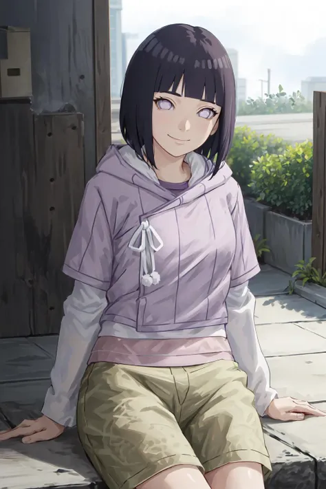 masterpiece, absurdres,hinata\(boruto\), 1girl,mature female, solo, purple hoodie,layered sleeves, brown pants, outdoors, smile, looking at viewer, cowboy shot,sitting,