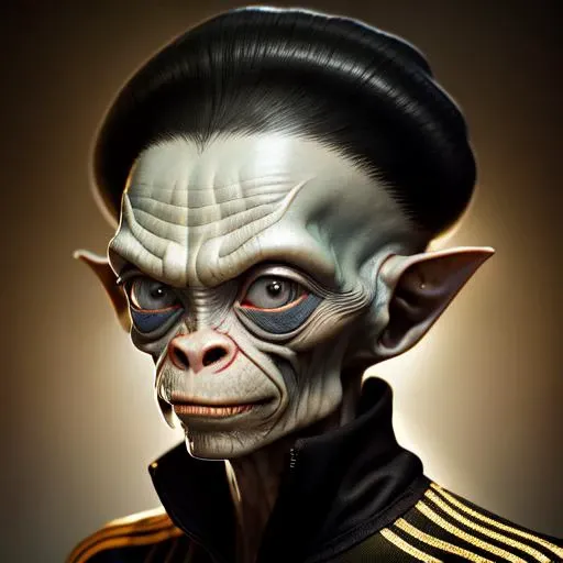 hyperrealistic digital portrait of (Gollum) in a (black adidas track suit), (intricate HAROQUE hair:1.1), caricature, saturated colors, intricate details, modelshoot style, dreamlikeart, dramatic lighting. 8k, highly detailed, trending artstation,