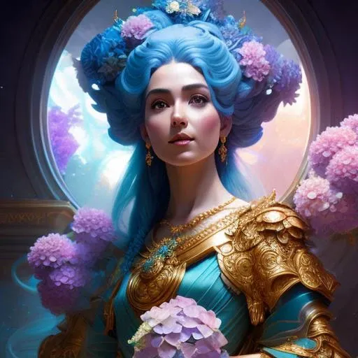 blue hair goddess imprisoned of light through hydrangeas flowers, soft petals, d & d, fantasy, HAROQUE hair, intricate, elegant, highly detailed, digital painting, artstation, concept art, matte, sharp focus, illustration, hearthstone, art by artgerm and greg rutkowski and alphonse mucha