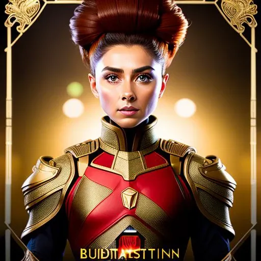 award winning photo, masterpiece, trading card front, portrait of a girl, future soldier clothing, (red tall HAROQUE:1.1), future combat gear, highly detailed intricate background, realistic anatomy, professional, by ufotable anime studio, green screen, volumetric lights, stunning, metal hard surfaces, tanny skin, strafing a10 warthog