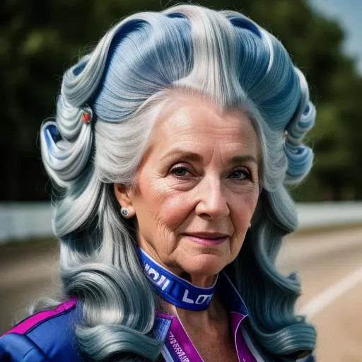 RAW photo, a close up portrait photo of 76 y.o woman in racing clothes, (HAROQUE2), background is outdoor race track, (high detailed skin:1.2), 8k uhd, dslr, soft lighting, high quality, film grain, Fujifilm XT3