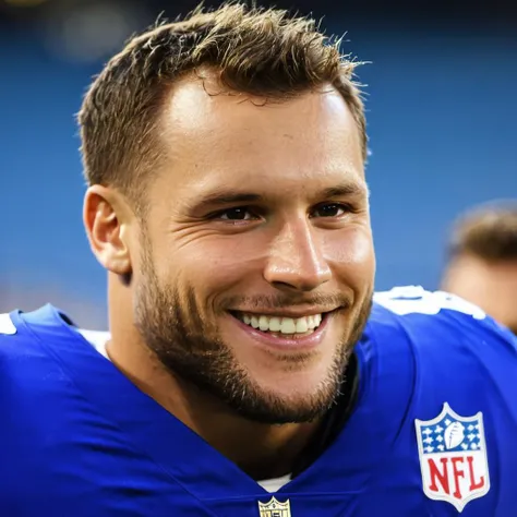close-up photo of n1ck, football jersey, football pants, football player, (((medium shot))) , stadium, smiling, night, masterpiece, highness, perfect face, perfect picture, detailed eyes, sharp focus, muscular, High detailed view, high resolution  <lora:Nickkkee:.9>