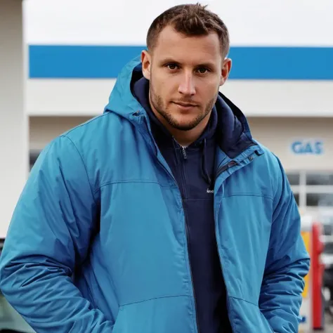 photo of n1ck, wearing a blue jacket, at a gas station, looking at viewer, <lora:Nickkkee:.9>, HD, high quality, cinematic, dramatic