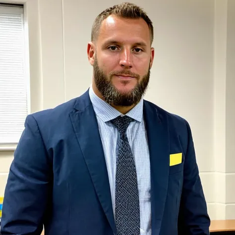 photo of n1ck, beard, wearing a teacher outfit, at a school, board in background, <lora:Nickkkee:.9>