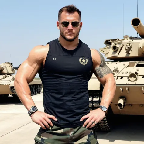 photo of n1ck, wearing a military outfit, military tank top, flexing, tattoos, at a military base, military cars in background, <lora:Nick_Bosa_SDXL:.9>