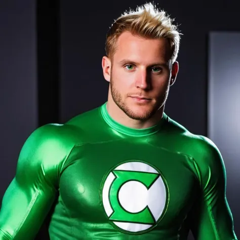 photo of n1ck, looking at viewer, blonde hair, wearing a green lantern outfit, <lora:Nickkkee:.9>