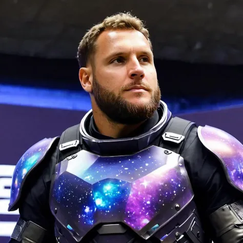 photo of n1ck, from below view, wearing a galaxy armor outfit, beard, at a galaxy, <lora:Nickkkee:.9>