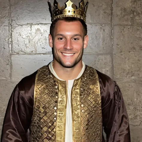 photo of n1ck, smiling, at a dungeon, dressed as a king, short brown hair,  <lora:Nick_Bosa_SDXL:.9>