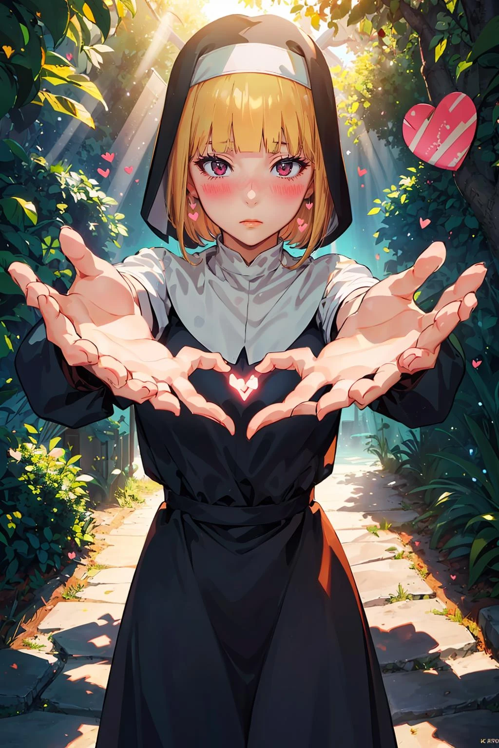 (extremely detailed fine touch:1.2), (natural light, sun light, light rays, dappled light, ray tracing:1.2), mature female, masterpiece, best quality, highly quality , <lora:Midorikawa_Hana1:0.7> , HnMdrkw-KJ , nun , nun dress , cowboy shot , (blush:1.2) , looking at viewer, (shy:1.2) , (hands on back:1.2) , large dress , (heart with hands:1.4)