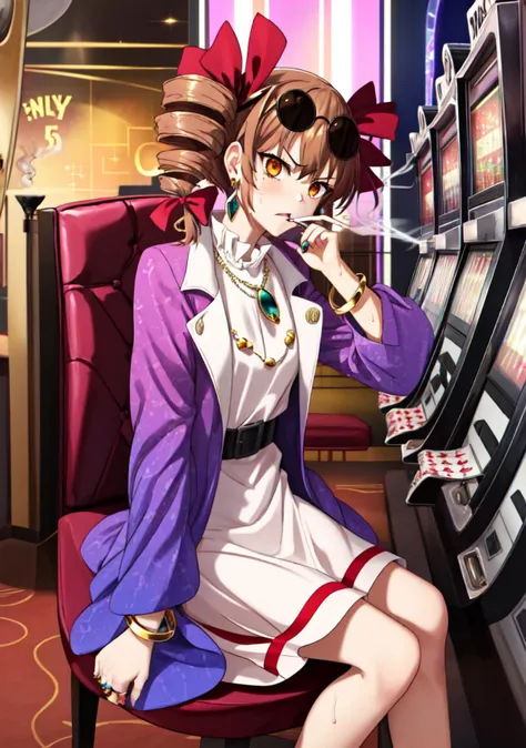 (masterpiece, high quality,shiny skin:1.2) ,vivid color, high contrast,<lora:more_details:0.2>, <lora:GoodHands-beta2:1>,(yorigami jo'on,1girl,red bow,hair bow,brown hair, sunglasses,eyewear on head,drill hair,orange eyes,earrings,gem, jewelry, bow, ring,pendant,necklace,buckle, high collar, long sleeves,wide sleeves,bracelet, purple coat,open clothes, belt, white dress,red ribbon, floral print, <lora:Yorigami:1>,BREAK,sweat,angry,panic,in casino, indoor,slot machine, sitting on a chair,from an angle,<lora:casino-10:0.6>,<lora:smoking_ok:1>(smoking:1.3),