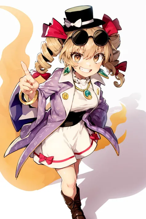 masterpiece, best quality,   <lora:Yorigami:1>, <lora:style04:1>,1girl, hat, yorigami jo'on, jewelry, eyewear on head, sunglasses, dress, top hat, white dress, solo, bow, drill hair, ring, smile, twin drills, looking at viewer, coat, necklace, simple background, hat bow, boots, mini hat, purple coat, bracelet, hair between eyes, round eyewear, orange eyes, brown footwear, mini top hat, black headwear, grin, pendant, hand on hip, breasts, from above, ribbon, light brown hair, bangs, open clothes, grey background, short dress, red bow, hair bow, bangle, aura, long sleeves, full body, brown eyes, fire, jacket, floral print, medium breasts, standing, white bow, teeth, high collar, open coat, brown hair, purple jacket, foreshortening, hair ribbon, hand up, gold, thighs