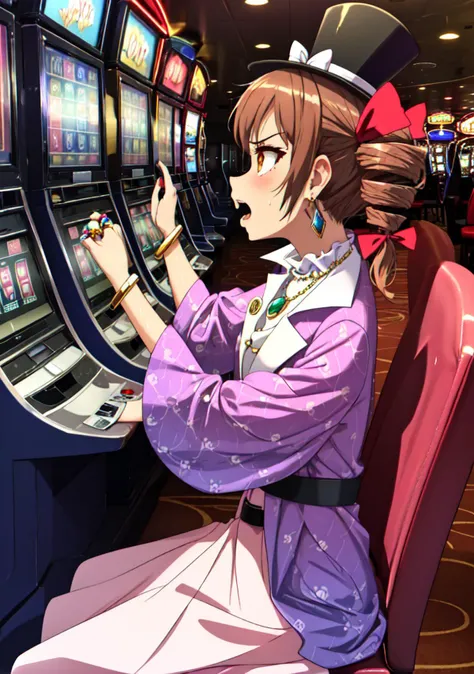 (masterpiece, high quality,shiny skin:1.2) ,vivid color, high contrast,<lora:more_details:0.2>, <lora:GoodHands-beta2:1>,(yorigami jo'on,1girl,top hat,hat bow,red bow,hair bow,brown hair, sunglasses,eyewear on head,drill hair,orange eyes,earrings,gem, jewelry, bow, ring,pendant,necklace,buckle, high collar, long sleeves,wide sleeves,bracelet, purple coat,open clothes, belt, white dress,red ribbon, floral print, <lora:Yorigami:1>,BREAK,sweat,angry,open mouth,in casino, indoor,slot machine, sitting on a chair,from side,<lora:casino-10:0.6>