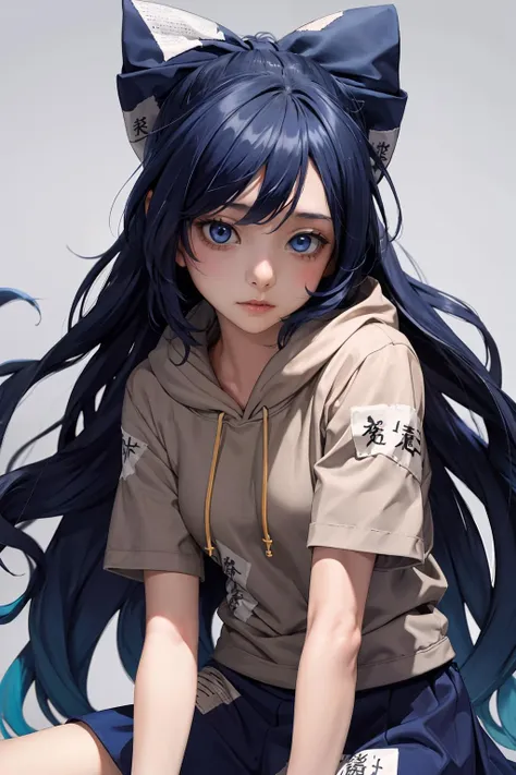 masterpiece, best quality, <lora:Yorigami:1>,yorigami shion,1girl, very long hair, absurdly long hair, blue hair, blue eyes,hair bow,hoodie,short sleeves,  debt, bracelet,blue skirt, damaged, shaded face, grey background