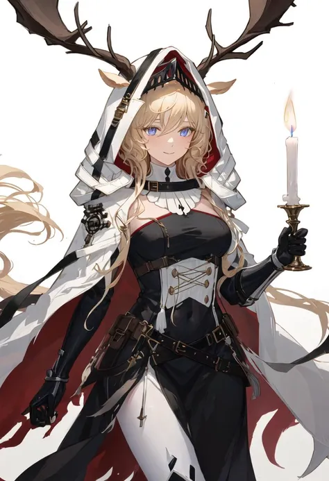 best quality, masterpiece, highres, solo, {viviana_arknights:0.90}, 1girl, black_dress, hood_up, white_cape, hooded_cape, closed_mouth, smile, candle, holding, looking_at_viewer, black_gloves, cowboy_shot, simple_background, belt, gauntlets